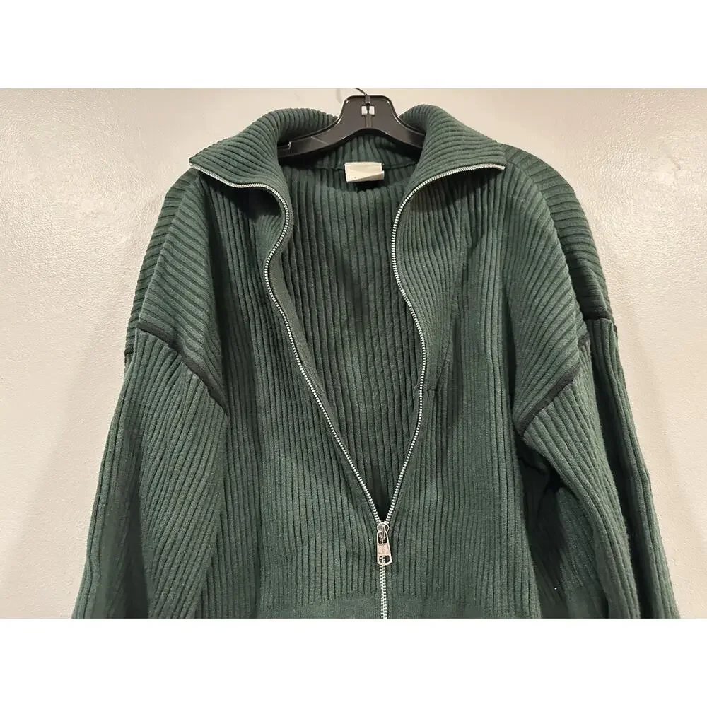 VARLEY Carmen Rib-Knit Zip Through Cardigan Darkest Spruce Sweater Large L